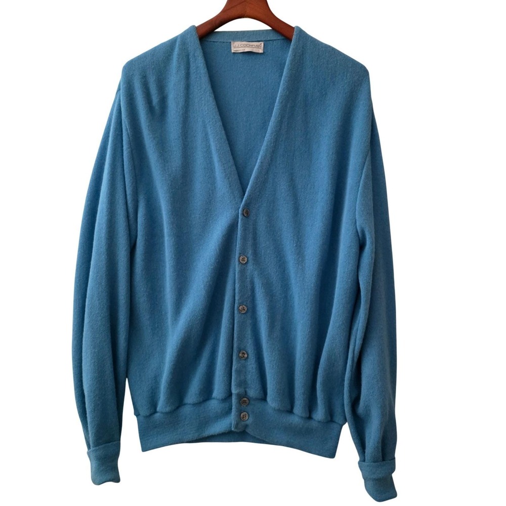 JJ Cochran VTG Grandpa Blue Button Front V-Neck Cardigan Mens‎ Sz L USA Made